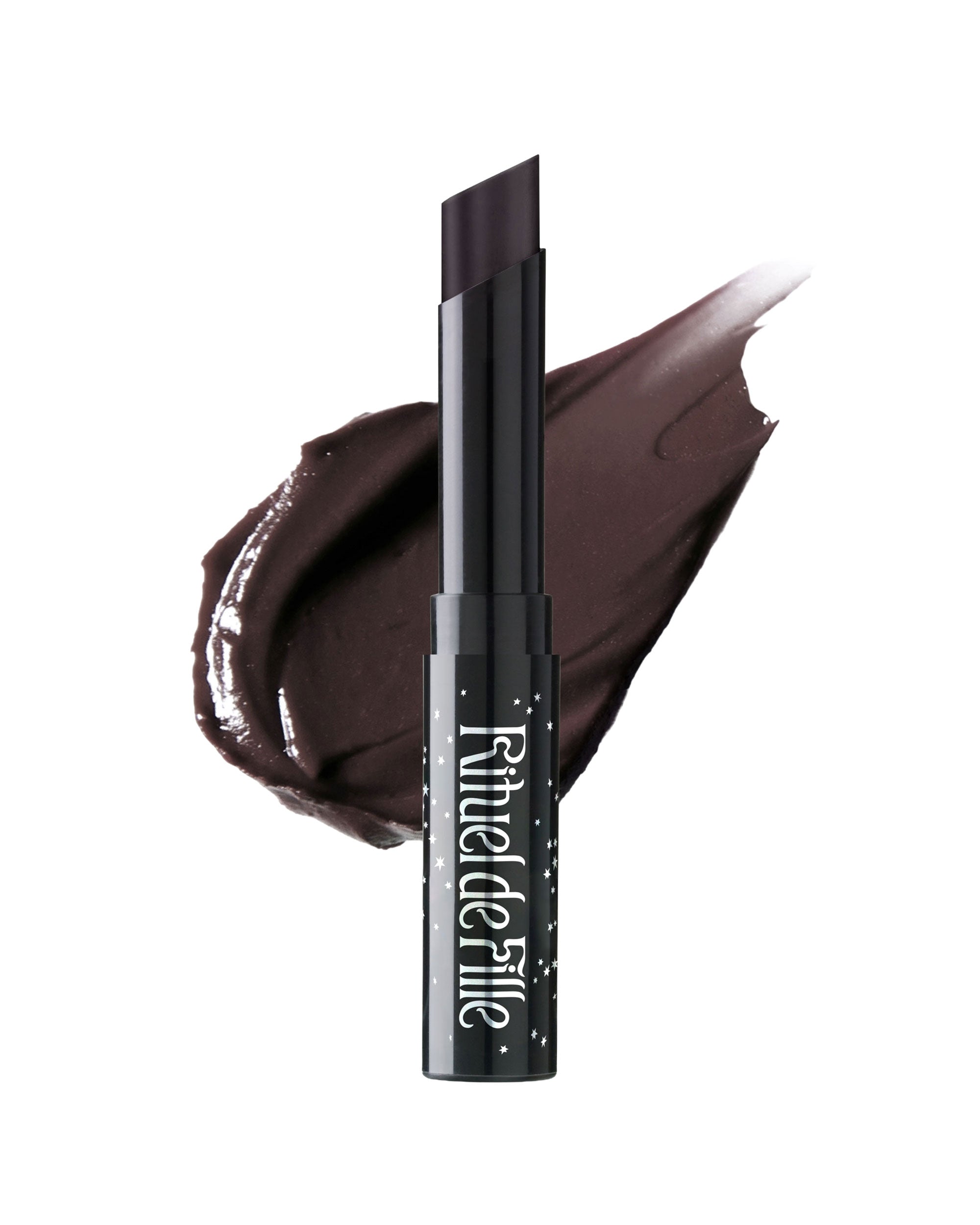 Black lipstick with a swatch of brown color on a white background