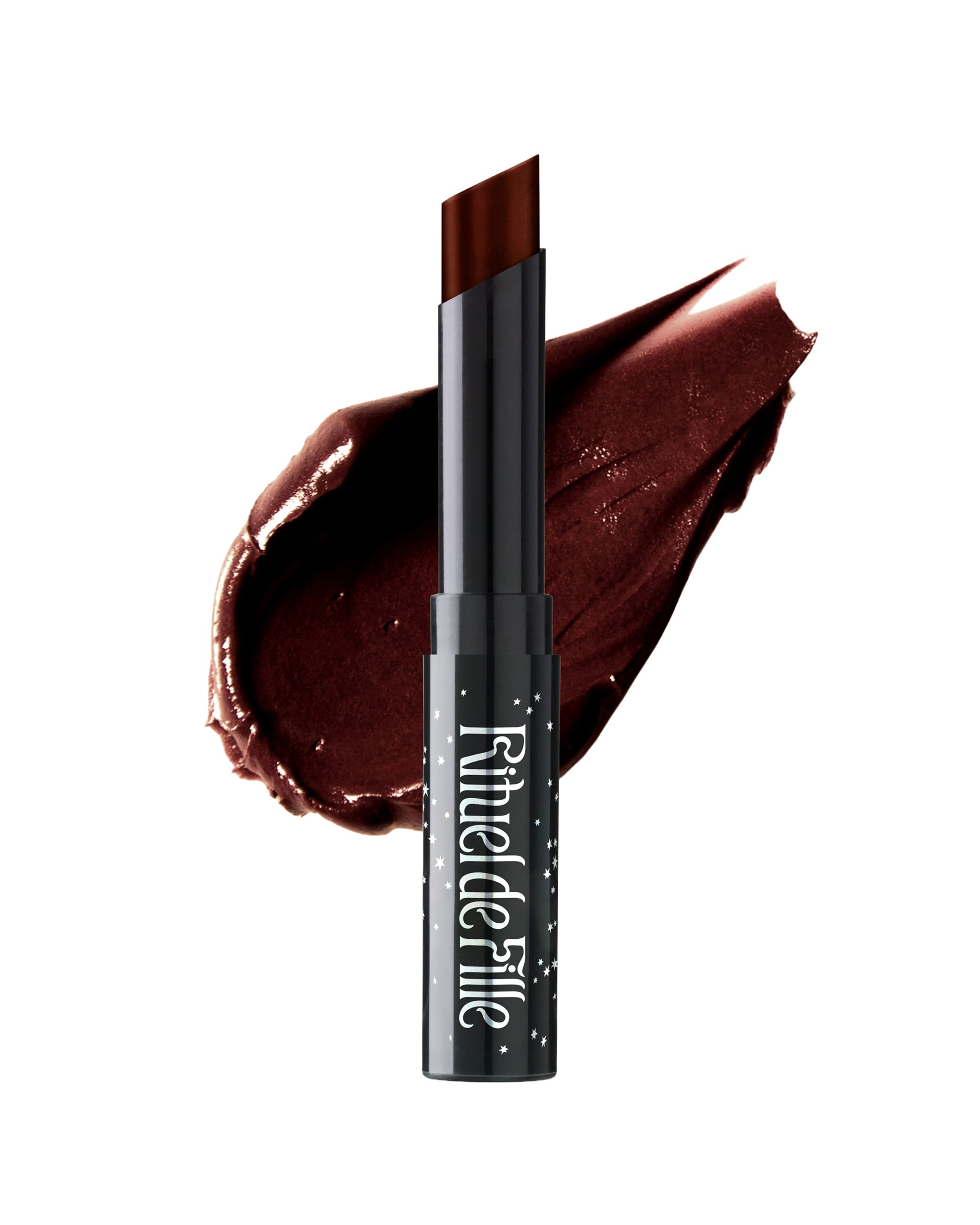 Brown lipstick with black casing on a white background