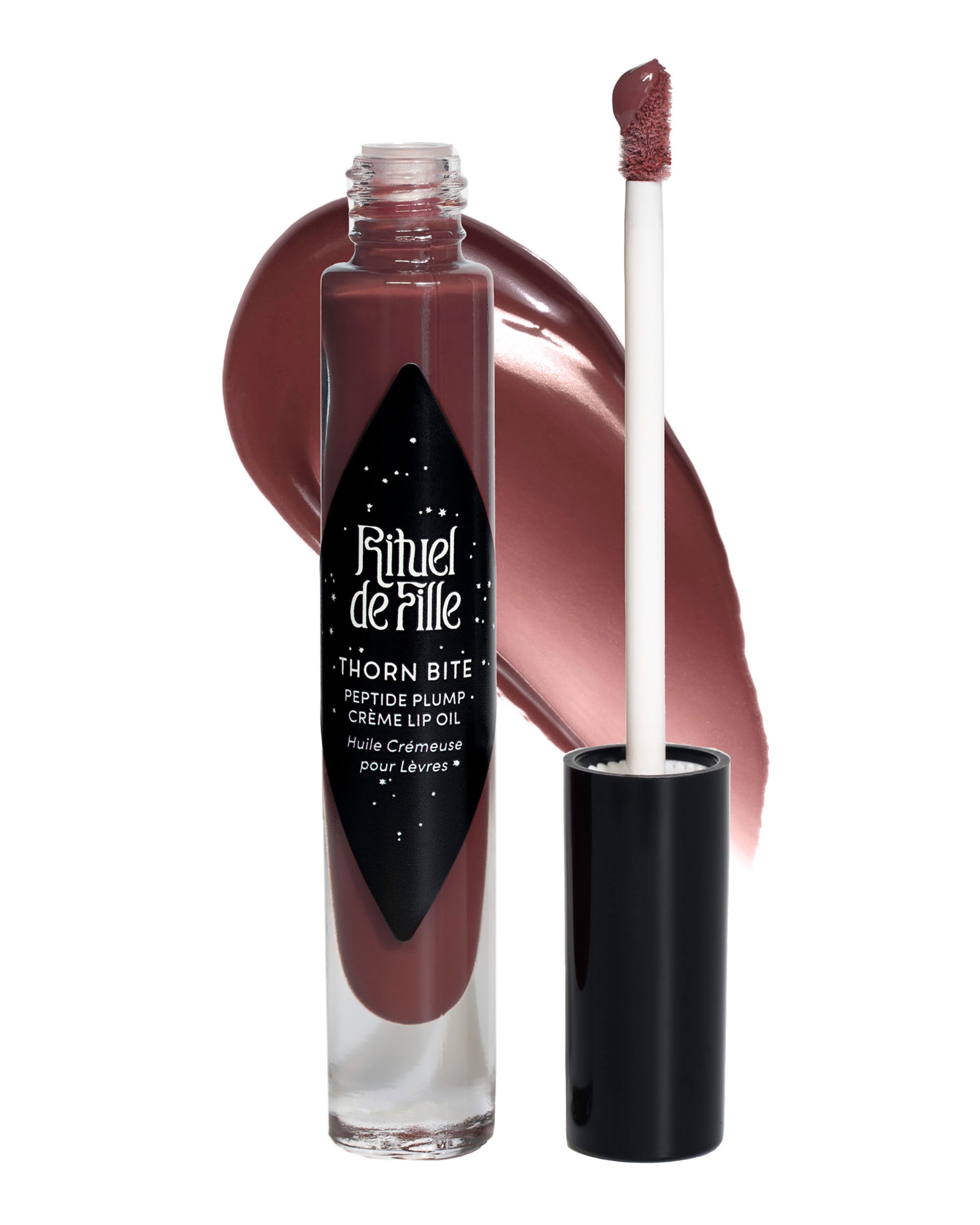 Lip gloss with applicator and visible brand name on a white background