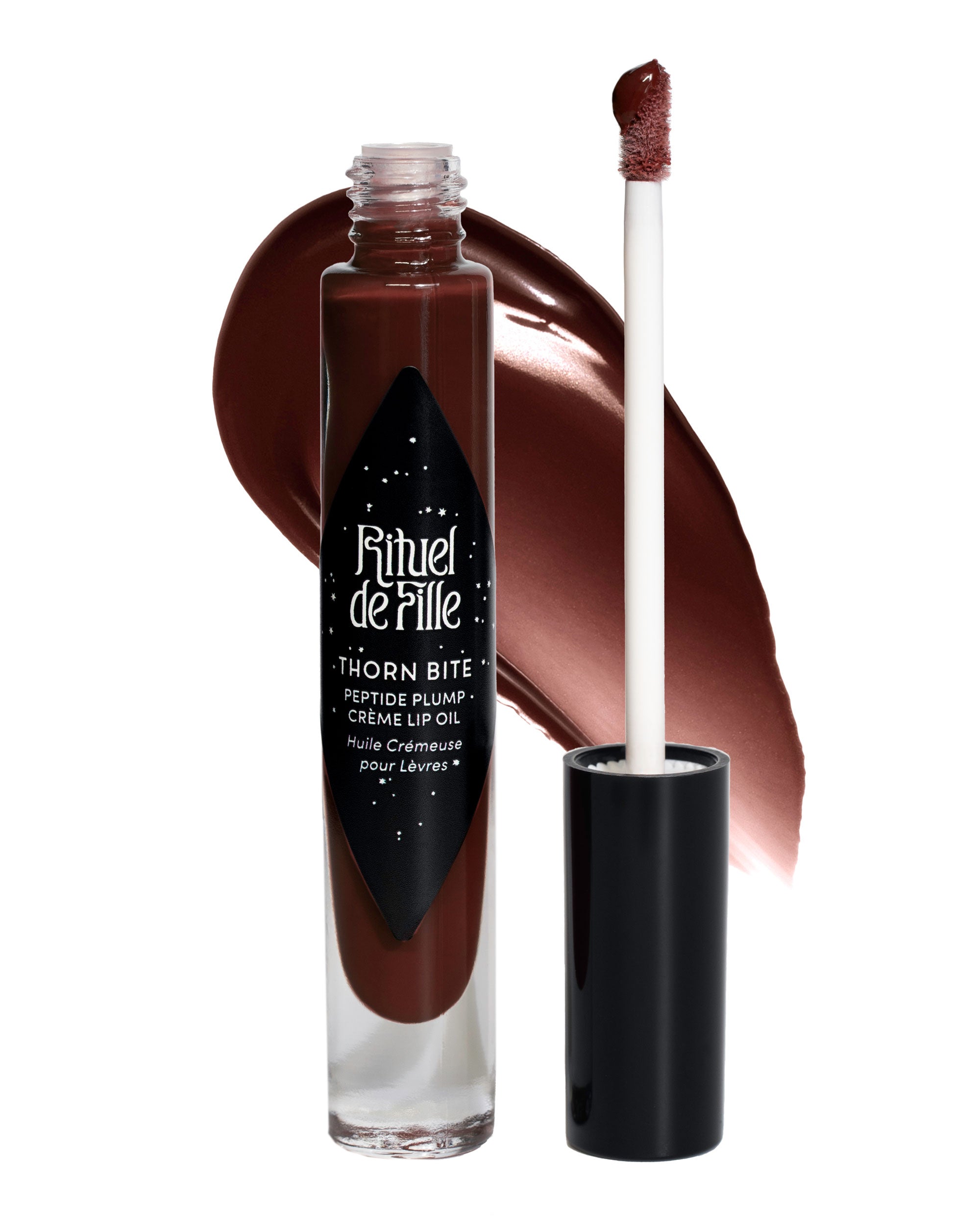 Lip tint with applicator and visible brand on a white background