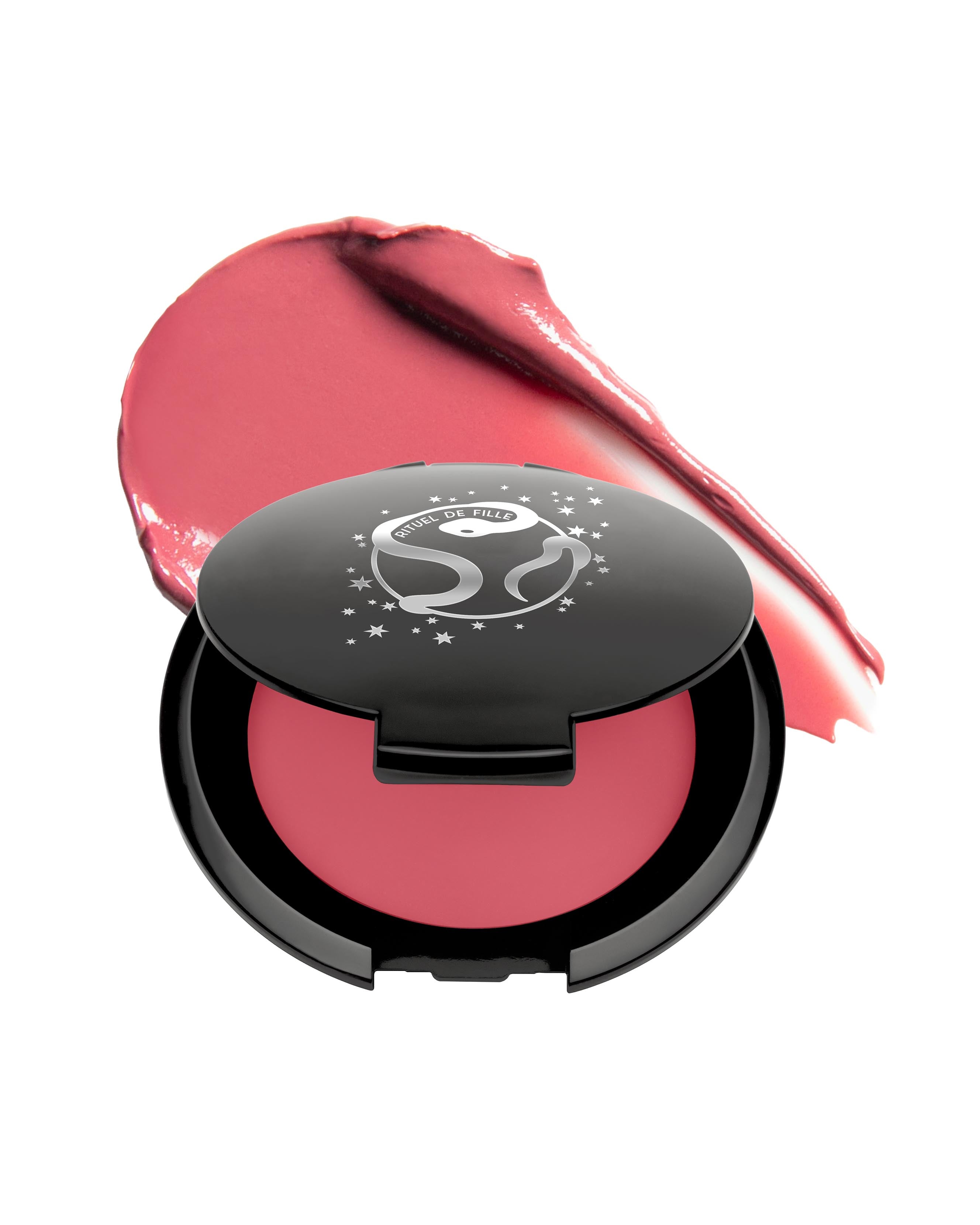 Pink makeup in black compact with Rituel de Fille logo on a white background