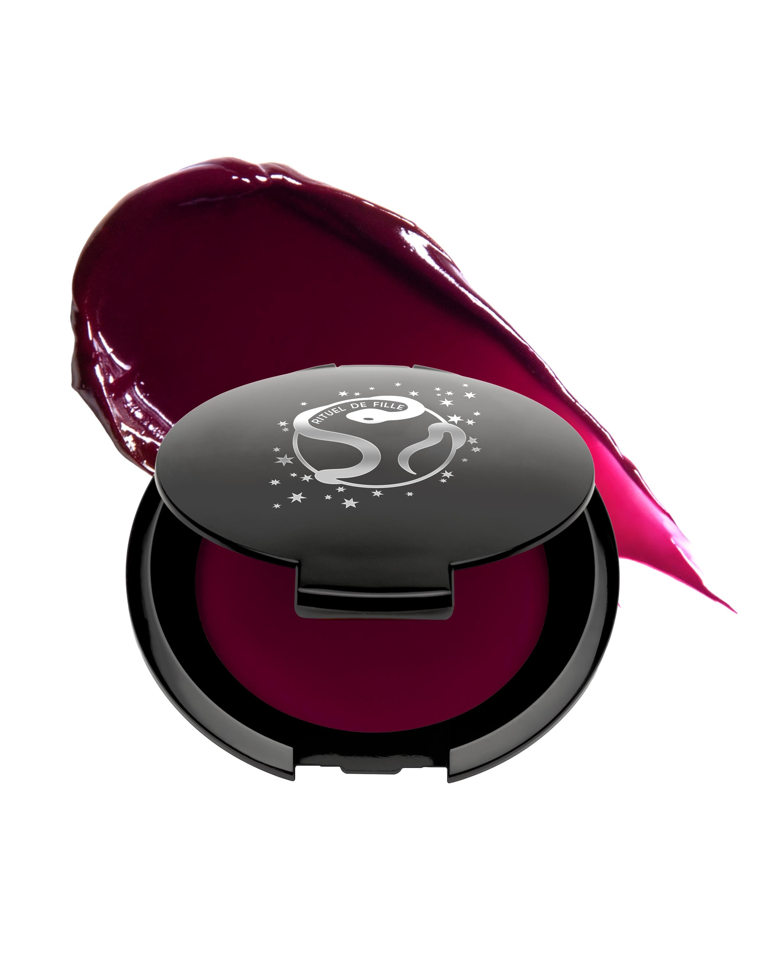 Purple makeup in black compact with Rituel de Fille logo on a white background