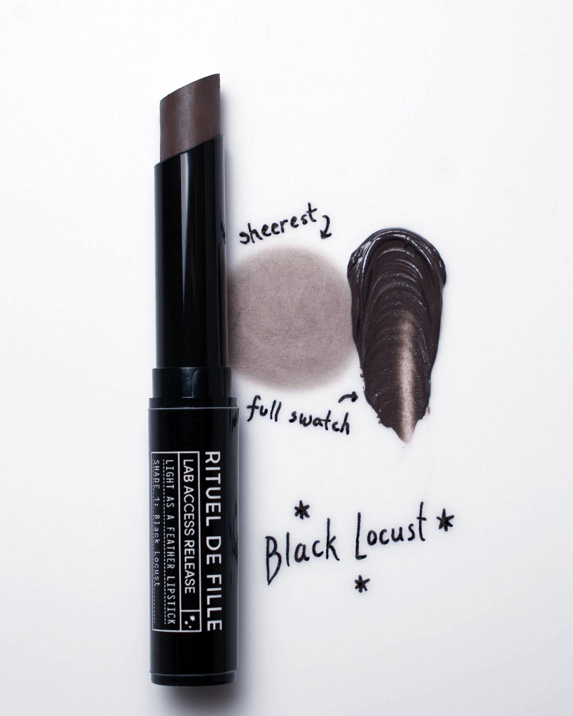 Rituel de Fille Black Locust Light as a Feather Lipstick with swatches on a white background
