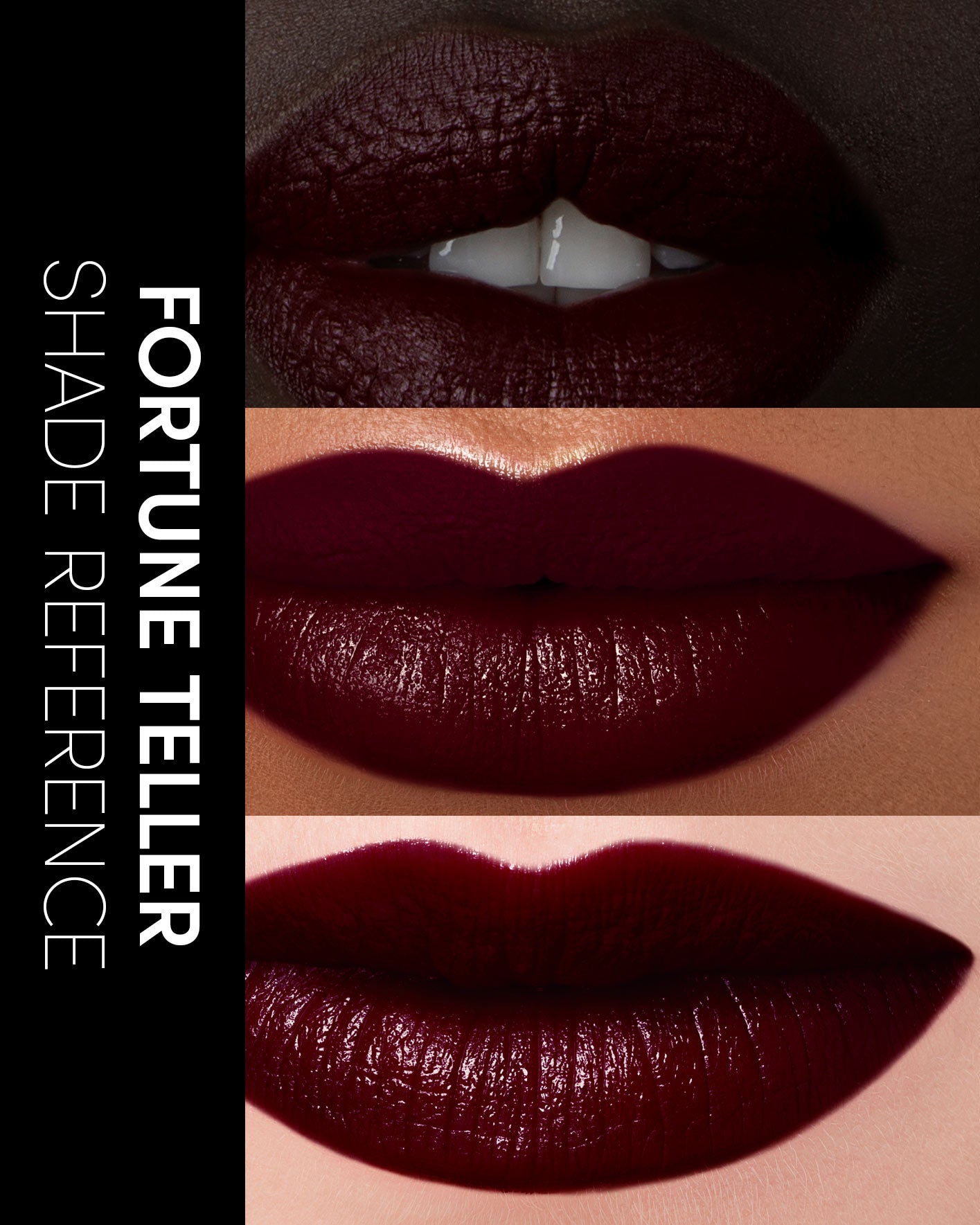 Lipstick shade reference with 'Fortune Teller' color on a dark background