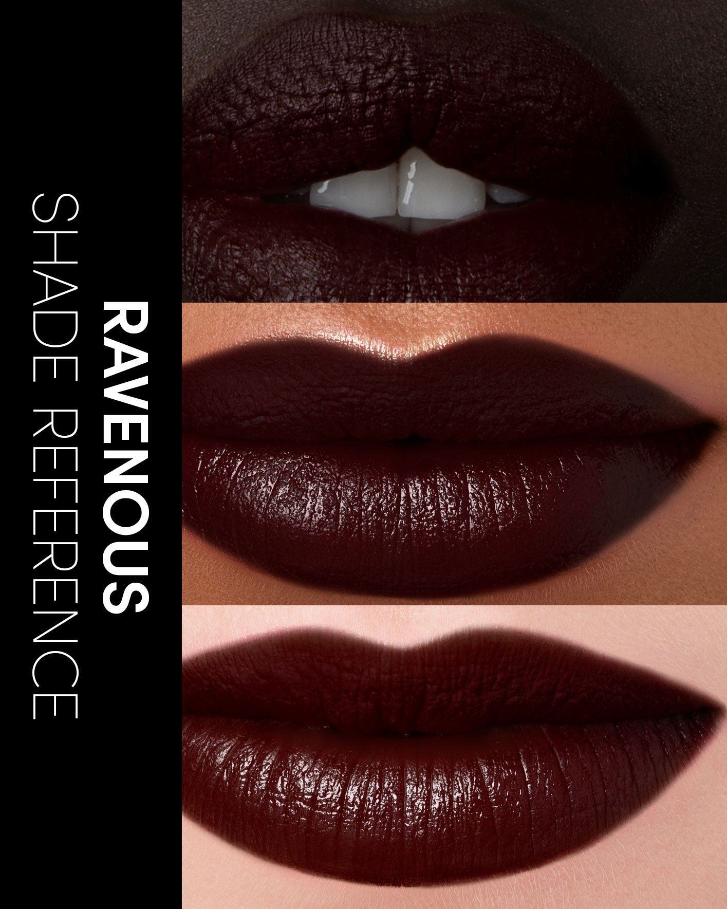 Lipstick shade reference with 'Ravenous' label on a dark background