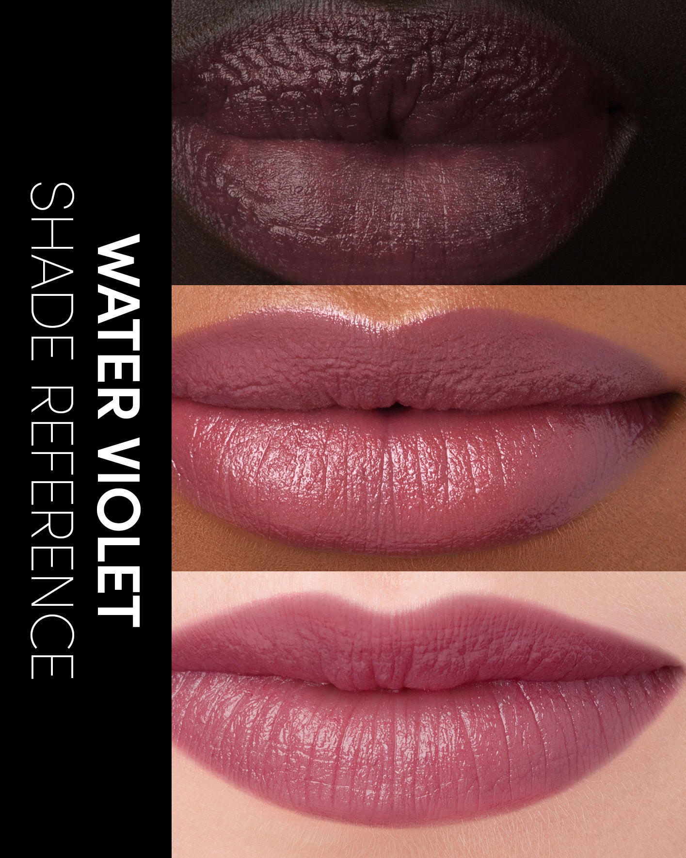 Collage of lips with different shades of purple labeled 'Water Violet'.