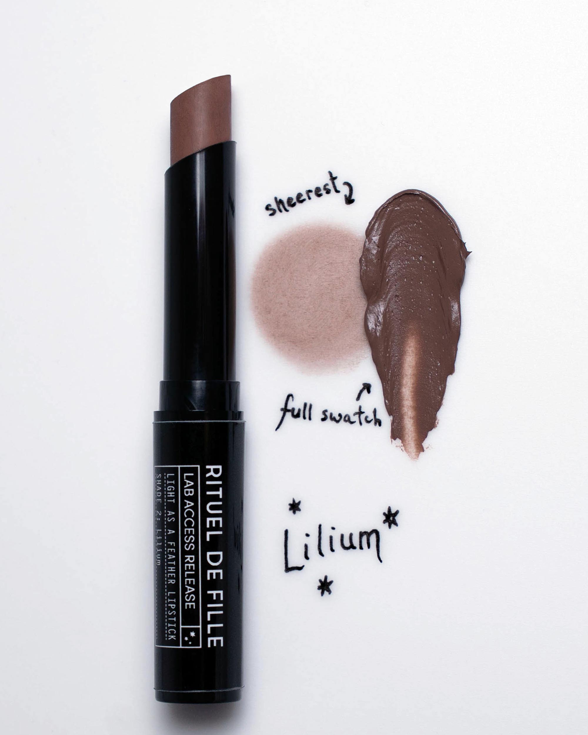 Rituel de Fille lipstick with swatches on a white background