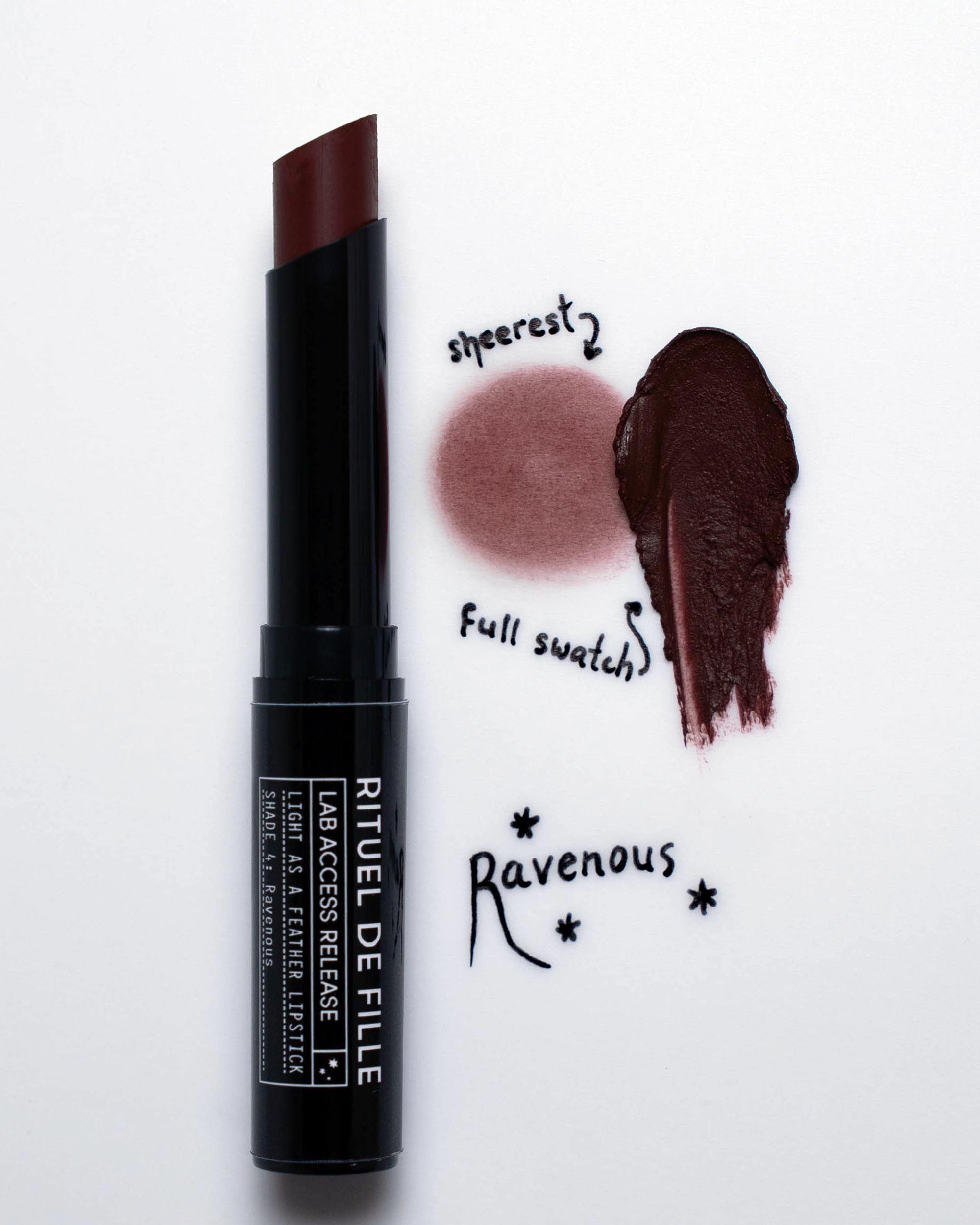 Lipstick with swatches labeled 'sheerest', 'Full swatch', and 'Ravenous' on a white background.
