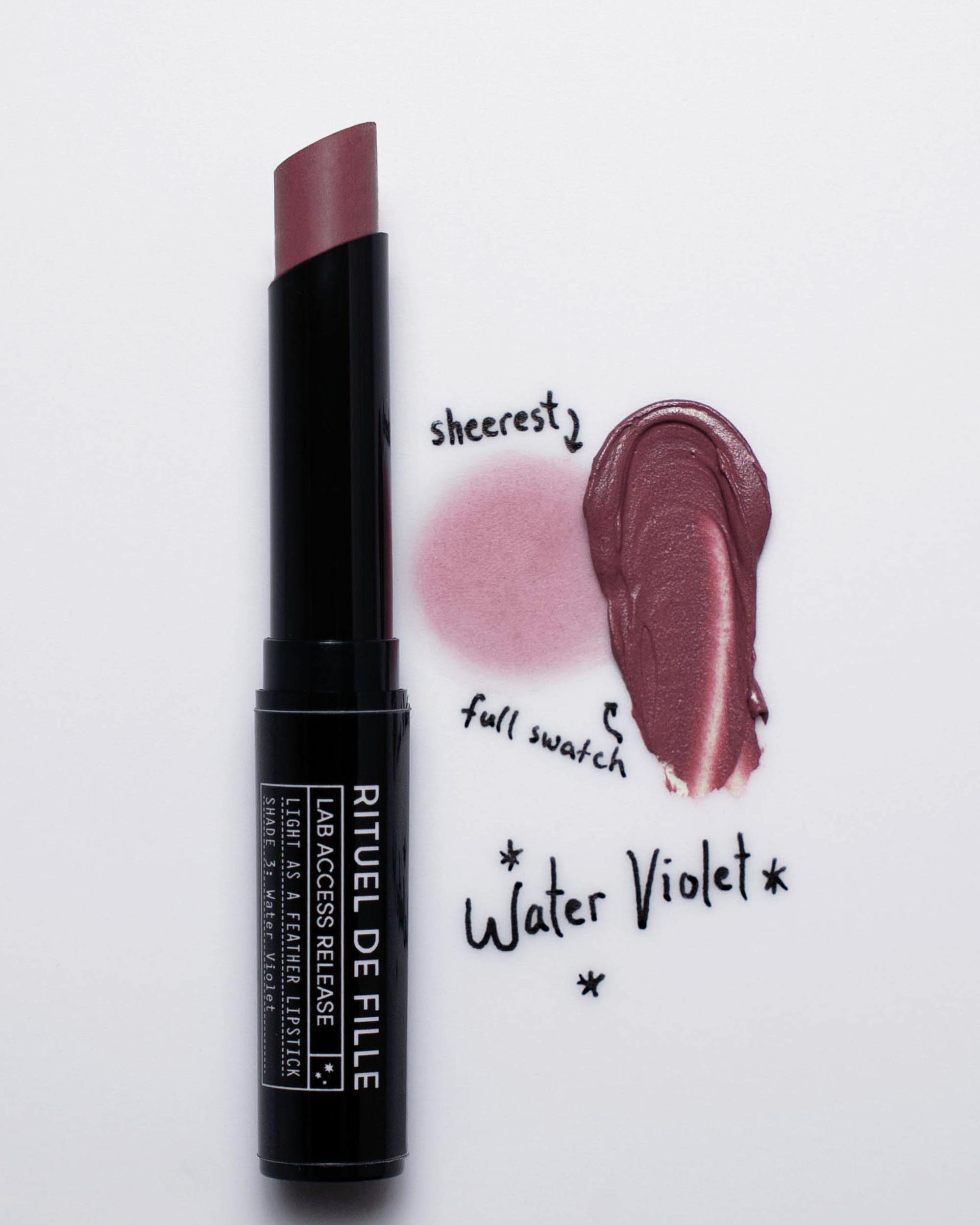 Lipstick with 'Water Violet' shade on a white background