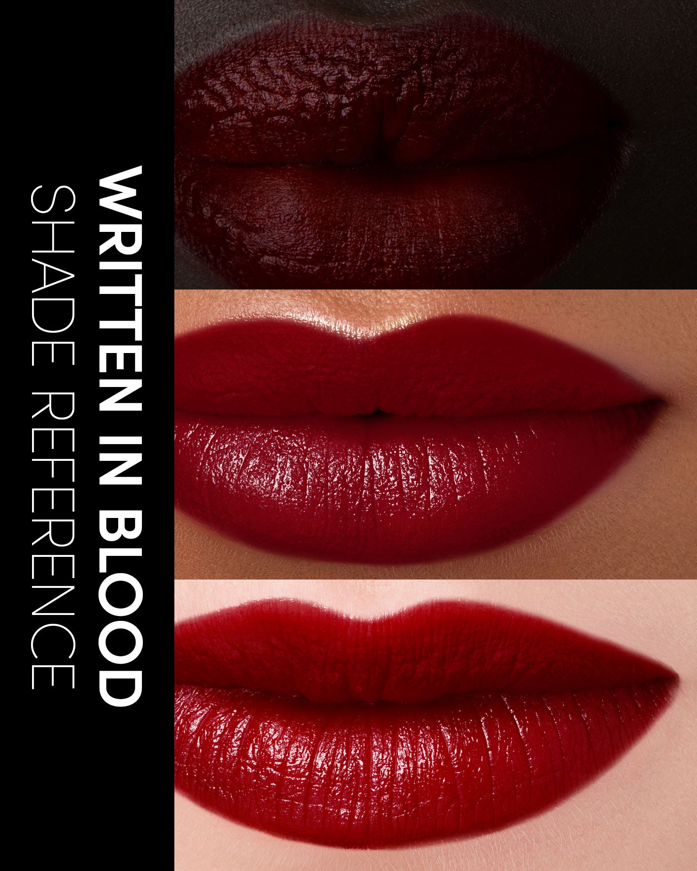 Lipstick shades labeled 'Written in Blood' on a dark background