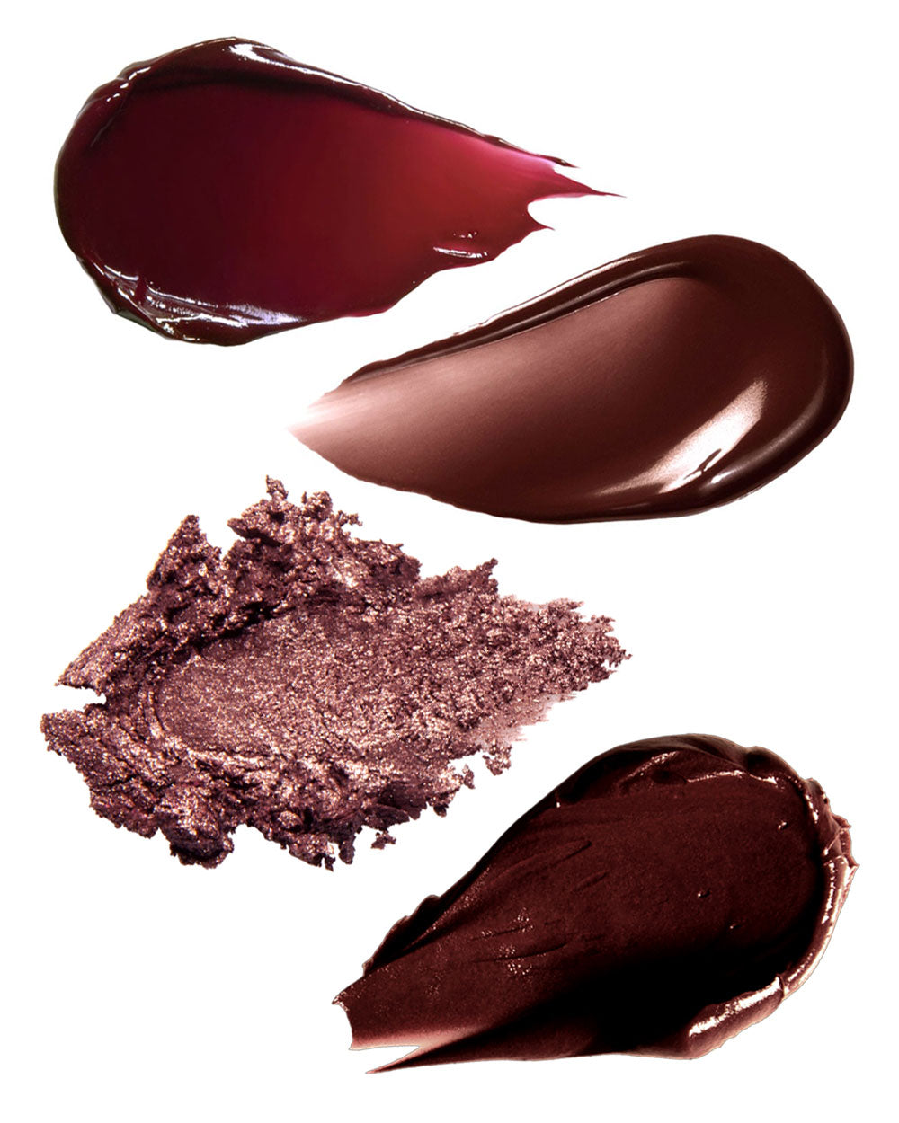 Four swatches of different shades of brown makeup on a white background